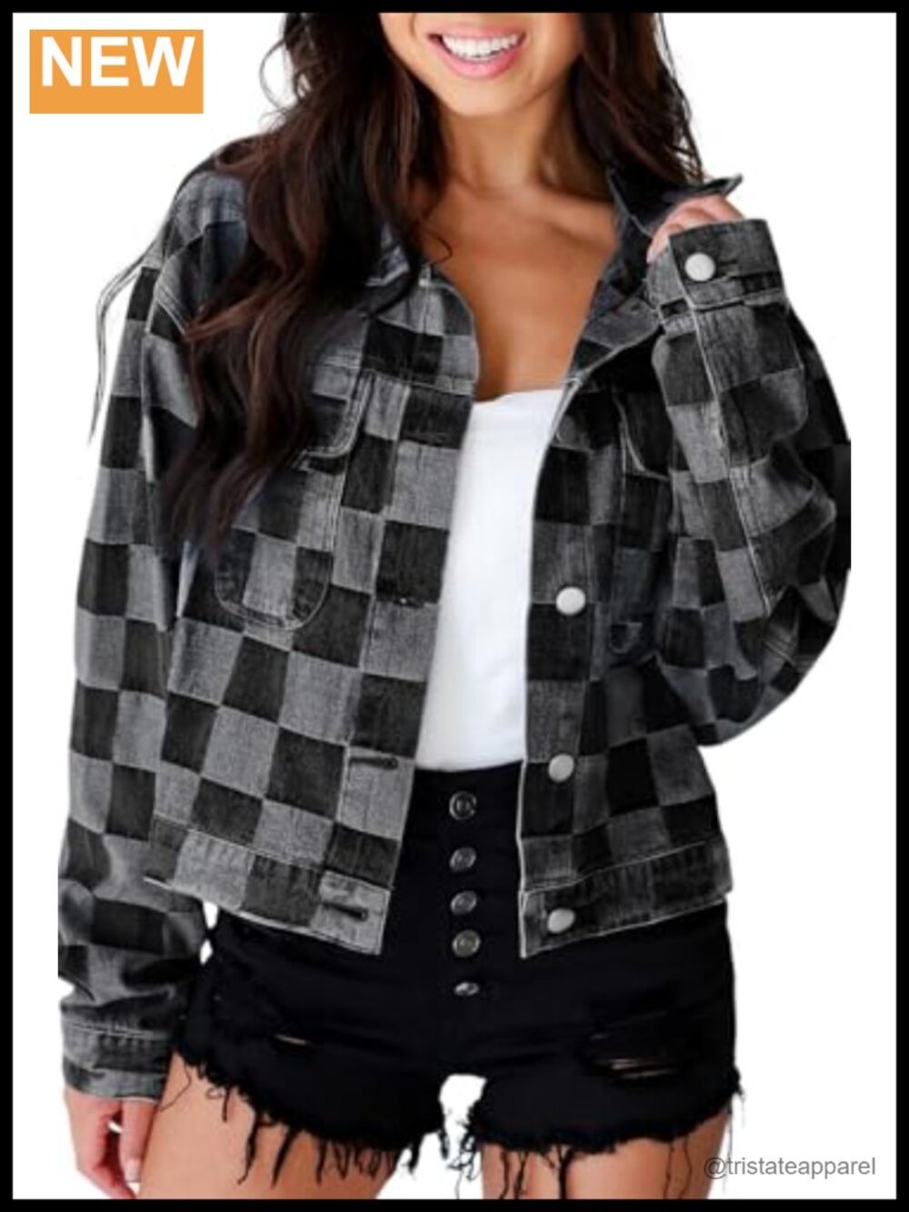 Womens Casual Long Sleeve Checkered Denim Shacket Jacket